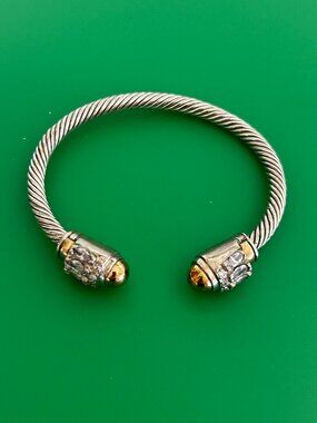 Wire Cable 925 Silver Rope Cuff Bangle Bracelet with Sparkling Crystal